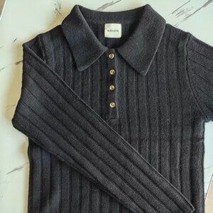 Khaite Black Polo Collar Ribbed Knit Sweater | Long Sleeve Top (S/M)